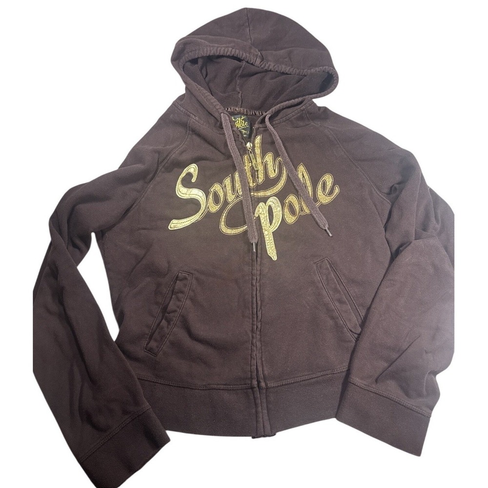 Vintage Y2K South Pole Full Zip Hoodie Sparkly Gold Lettering Women's XL Brown